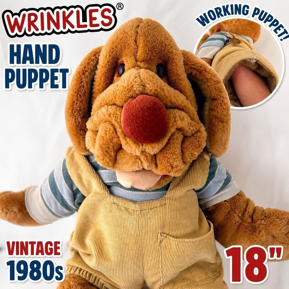 Wrinkles Dog Hand Puppet Vintage 1980s Bulldog Plush 18" w Overalls Toy